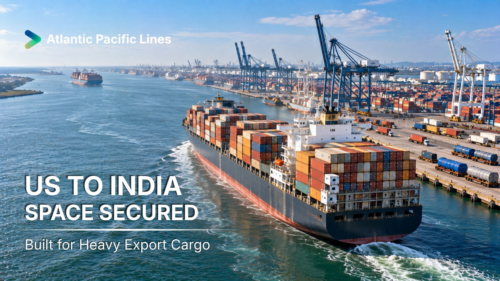 Container vessel carrying United States exports toward India, representing guaranteed vessel space, transhipment routing, heavy industrial cargo, and committed capacity.