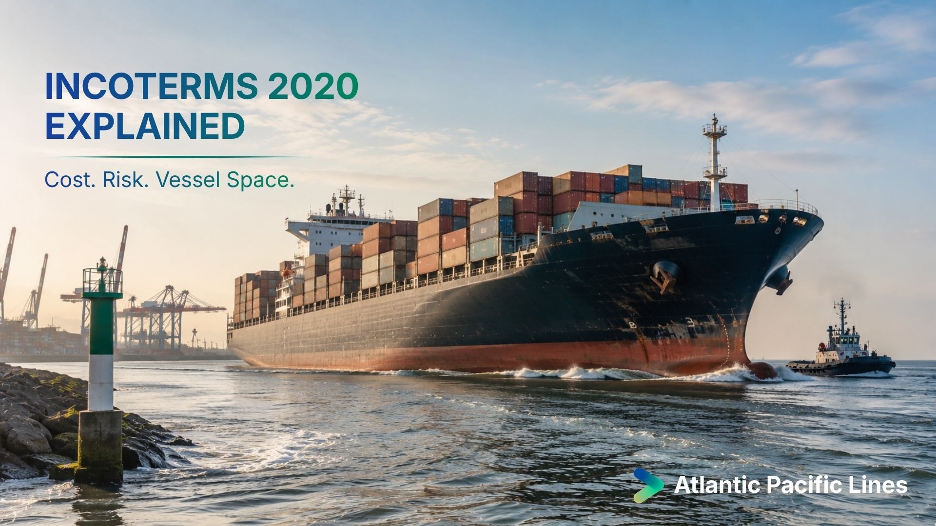 Ocean freight vessel space planning visual showing Incoterms 2020 responsibility, risk transfer, FOB, CIF, DDP, and main carriage control.