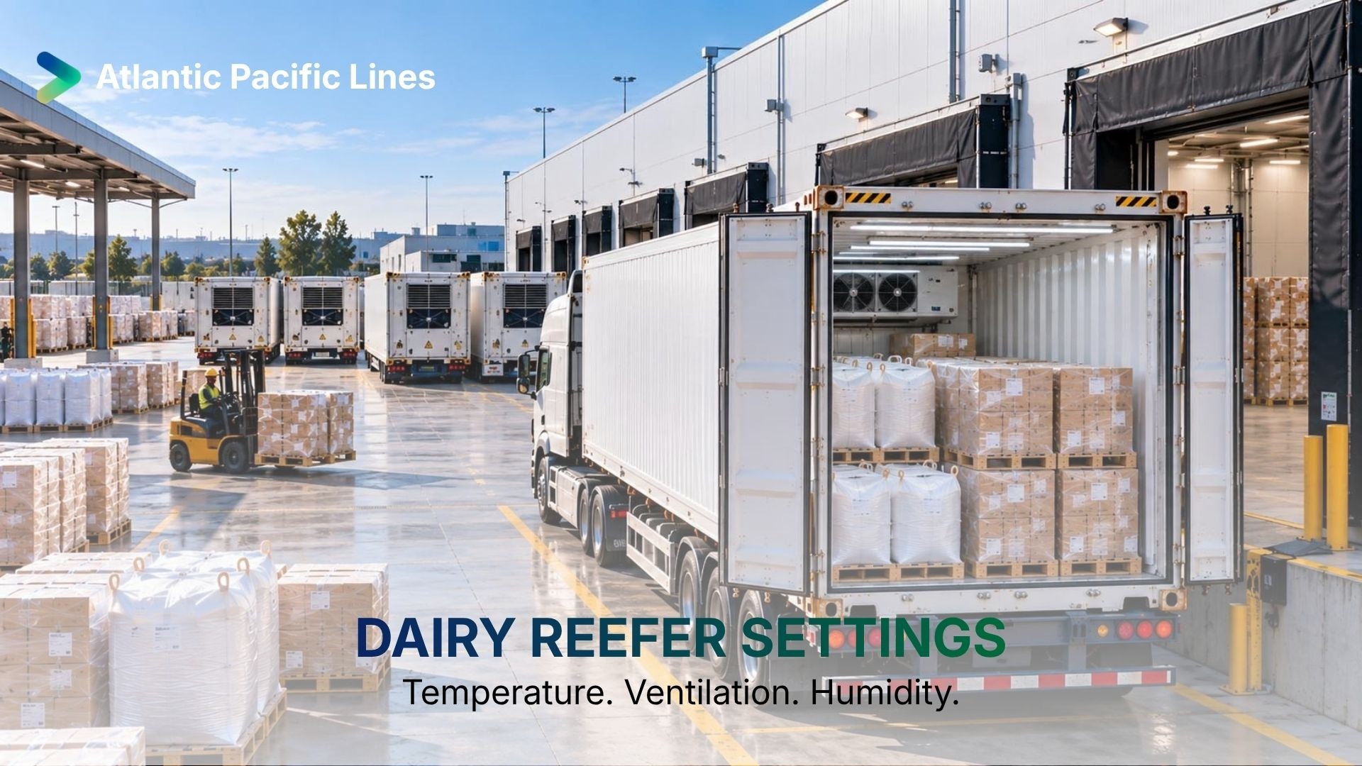 Refrigerated ocean container prepared for dairy exports, representing dairy reefer set points, closed ventilation, humidity control, temperature monitoring, and cold-chain logistics.