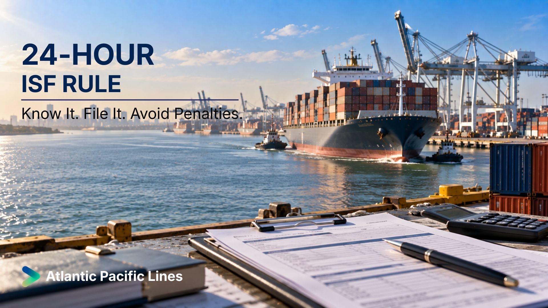 Container vessel and ocean import documentation representing Importer Security Filing, ISF 10+2 compliance, advance cargo data, and US ocean import requirements.